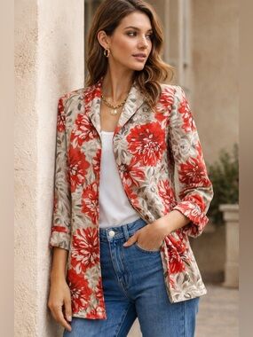 Vintage Silk Linen Floral Blazer Red Beige Jacket Size 8